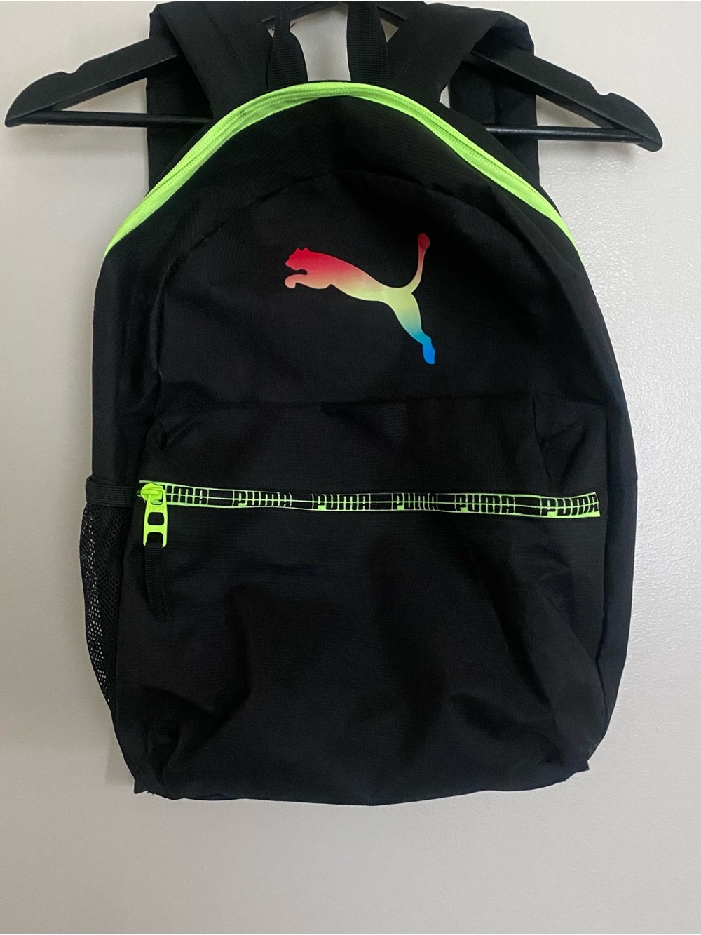 Puma Black Backpack with Neon Green Trim and Rainbow Logo